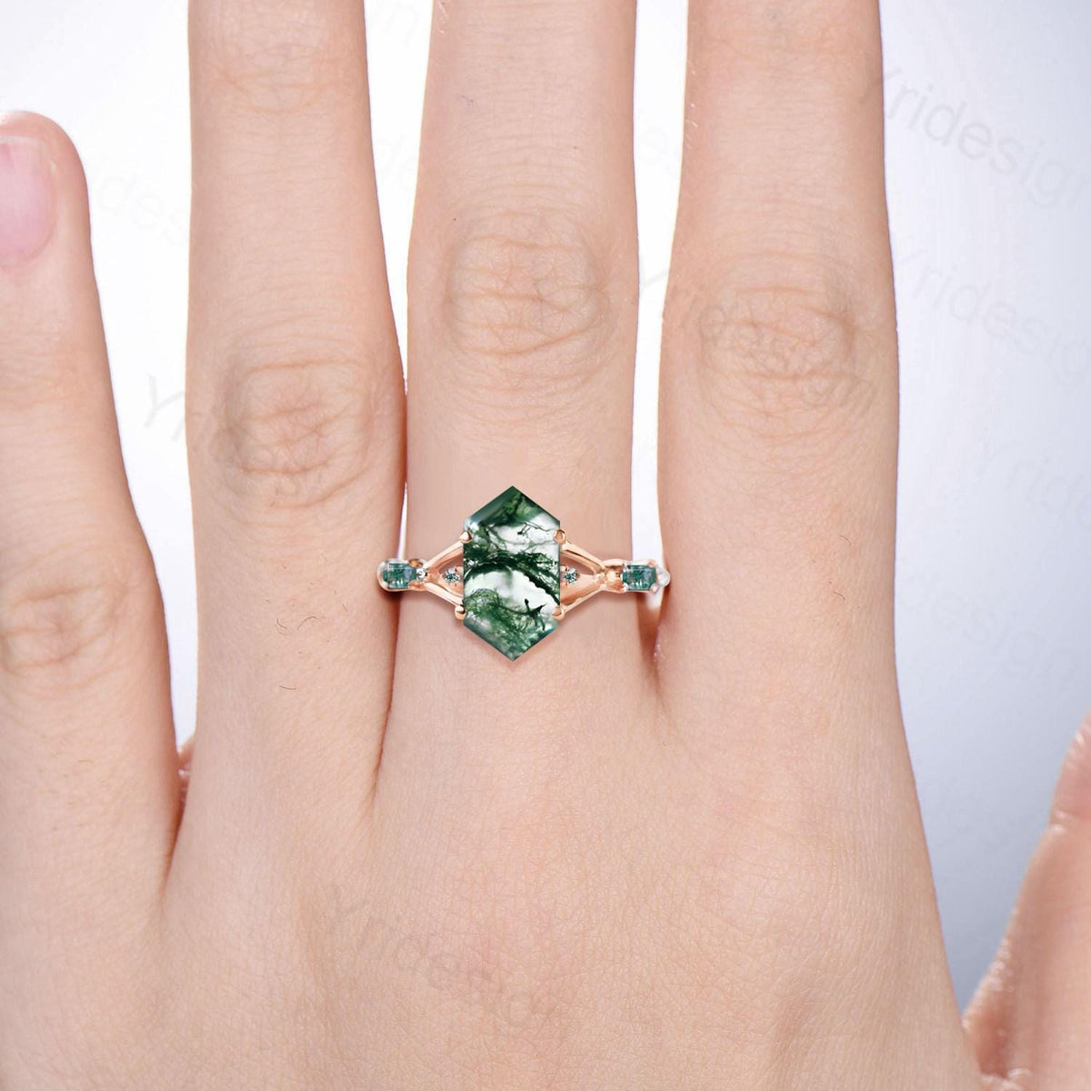 Split Shank Long Hexagon cut natural green moss agate engagement ring baguette agate five stone wedding ring elegant anniversary gift women