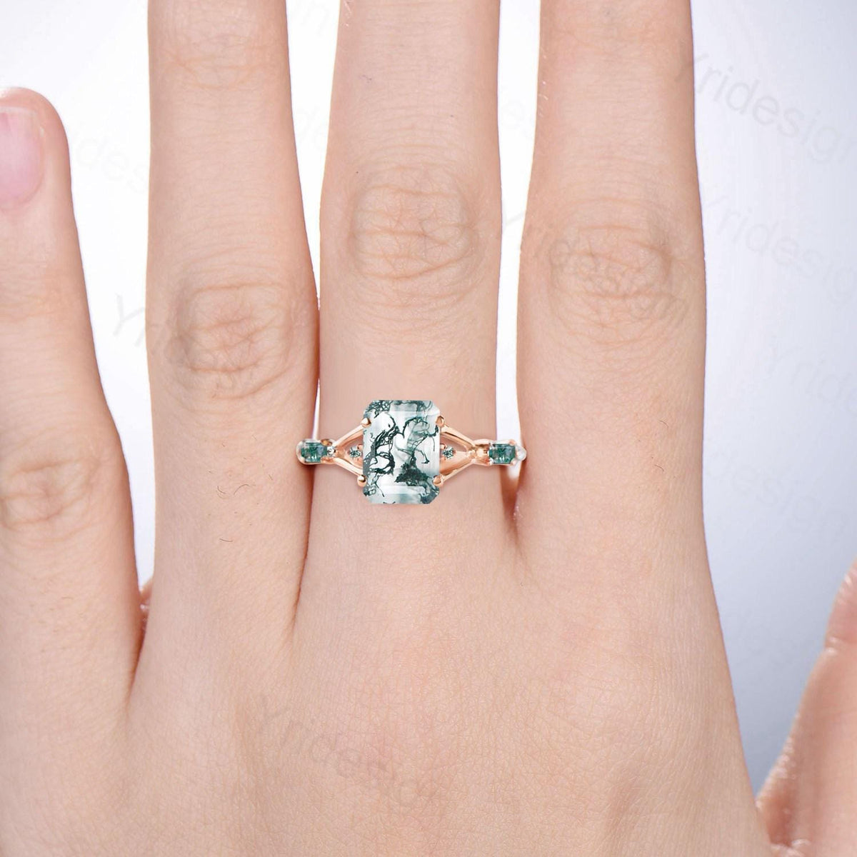Unique Split Shank Emerald Cut Moss Agate Engagement Ring Five Stone Baguette Trillion Style Agate Wedding Ring Anniversary Gifts for Women