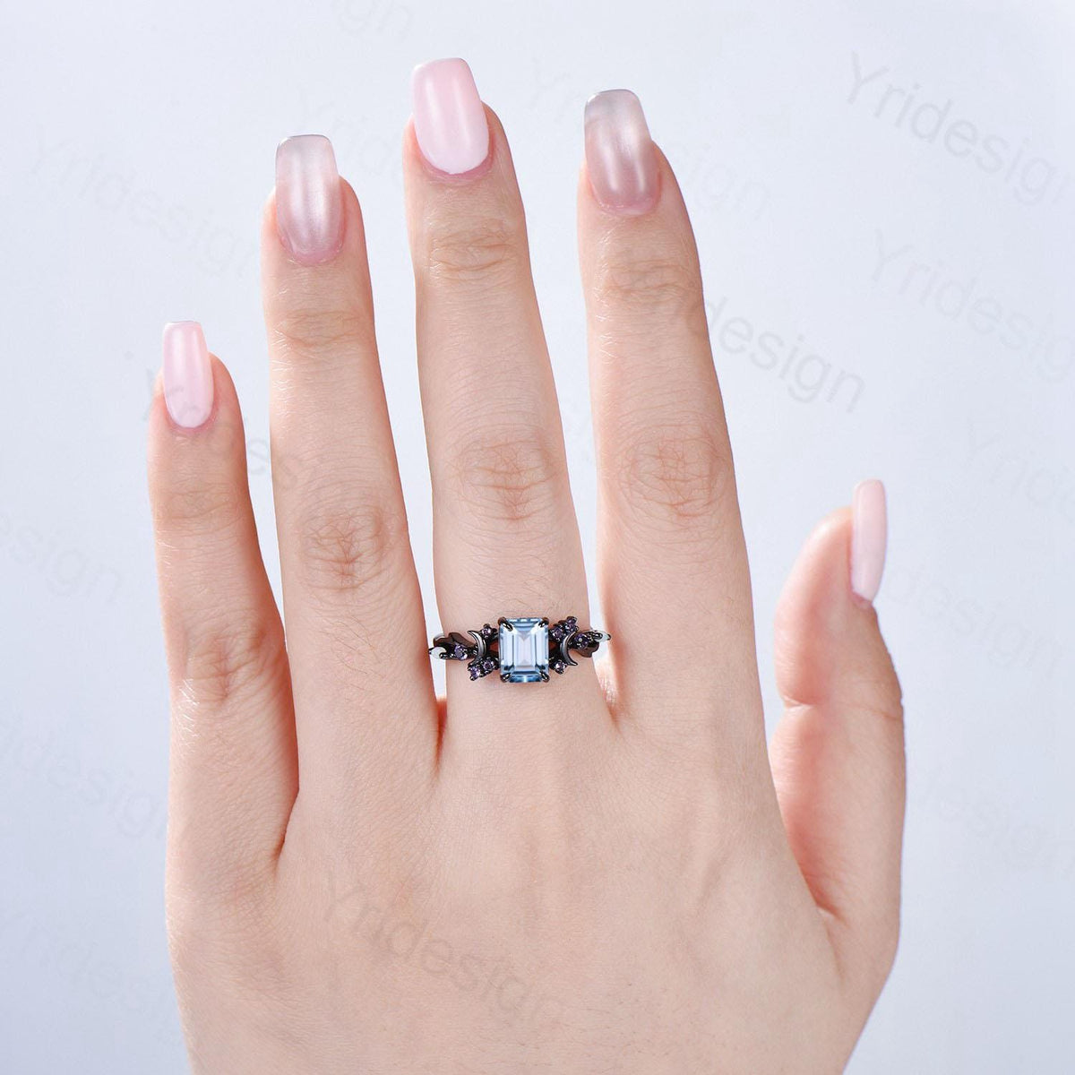 Unique Black Gold Emerald Cut Aquamarine Ring Gothic Moon Engagement Ring Cluster Split Shank Opal Amethyst Wedding Ring Promise Gift Women