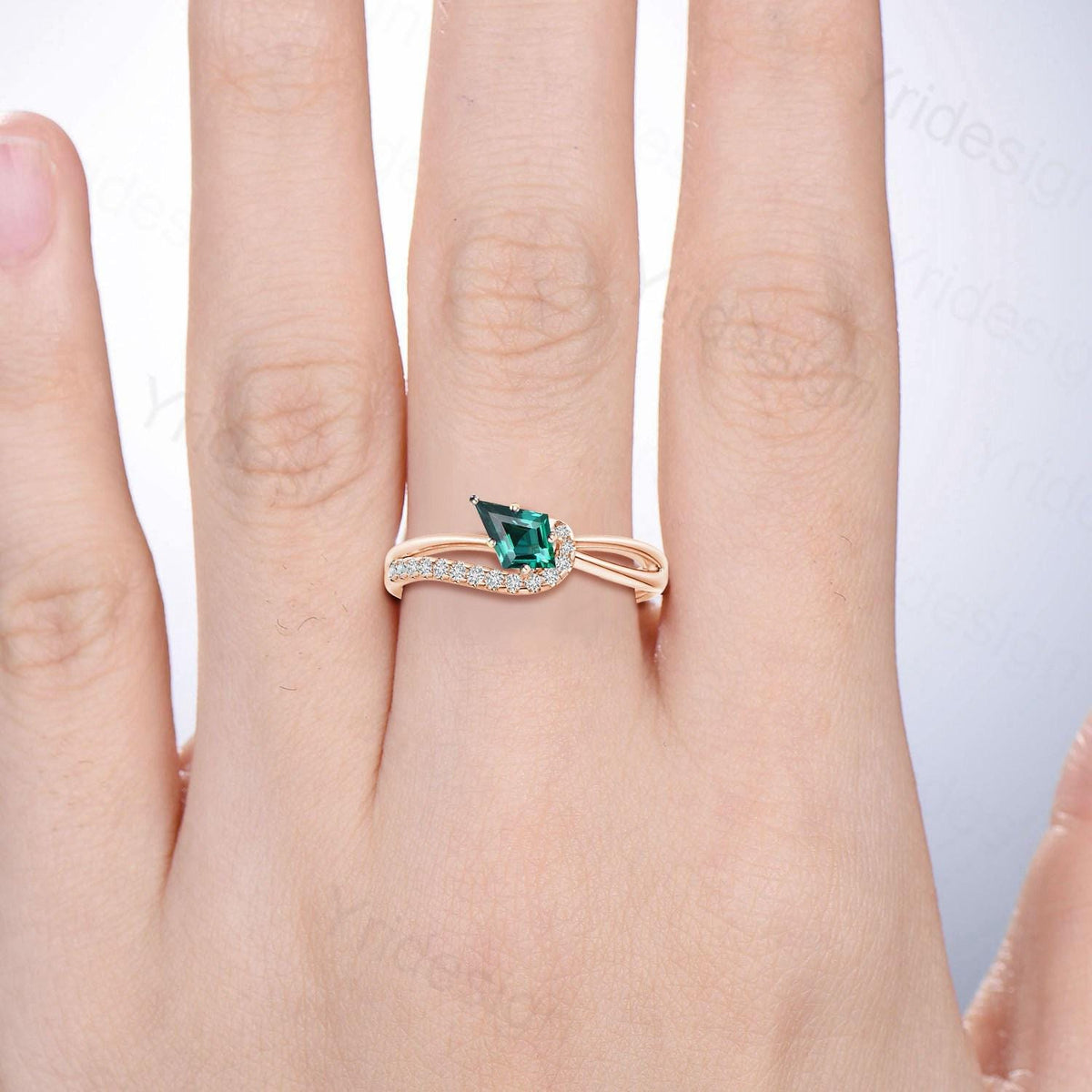 Unique Kite cut emerald engagement ring split shank silver rose gold green stone eternity may birthstone wedding ring mom anniversary gifts