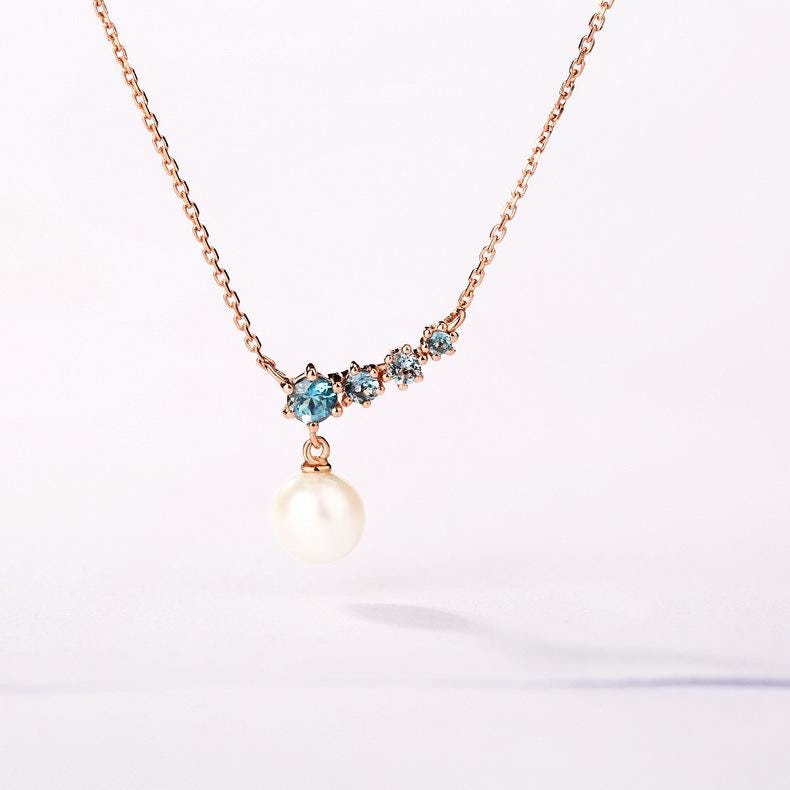 Elegant pearl pendant necklace five stone dainty pendant 9k/14k/18k rose gold art deco London blue topaz pendant necklace Anniversary gift