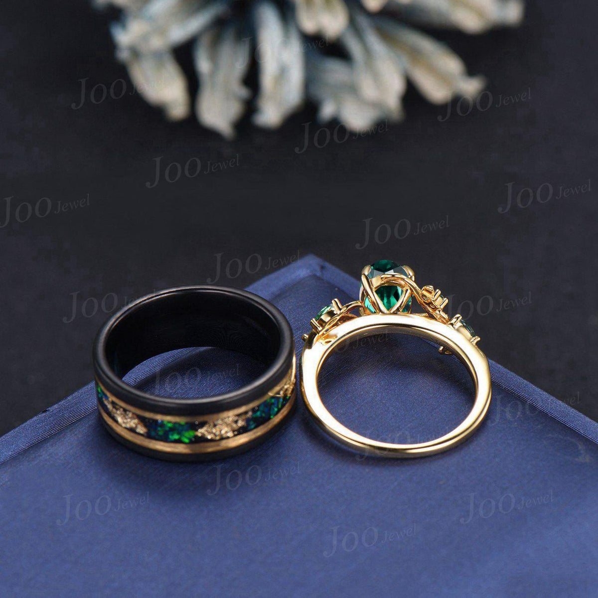 Green Emerald & Meteorite Gold Leaf Couples Ring-His and Hers Wedding Band-Gold Ring Set-Matching Nature Couples Unique Vintage Promise Ring