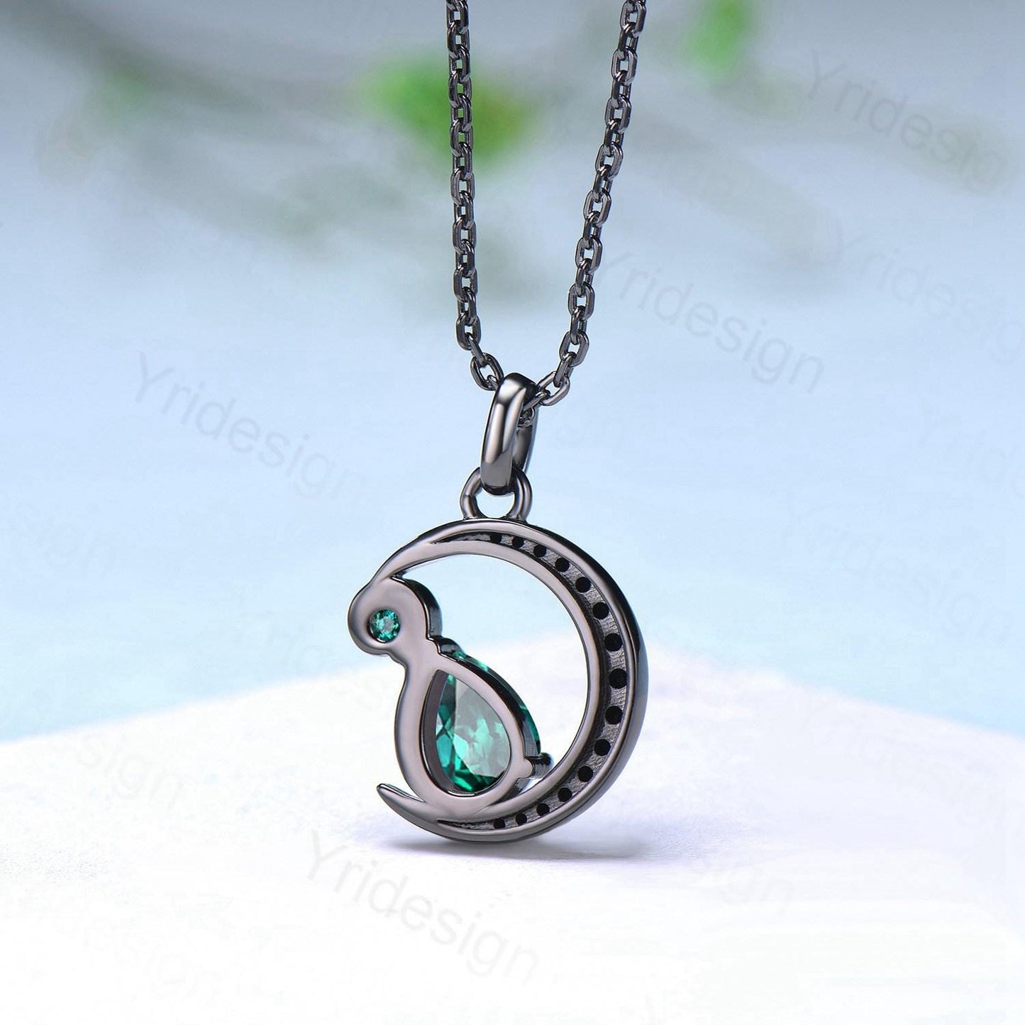 Magic Crescent Moon Black Gold Emerald Necklace Gothic Pendant Necklace Unique Pear Shaped Emerald Black Spinel Necklace Anniversary Gift