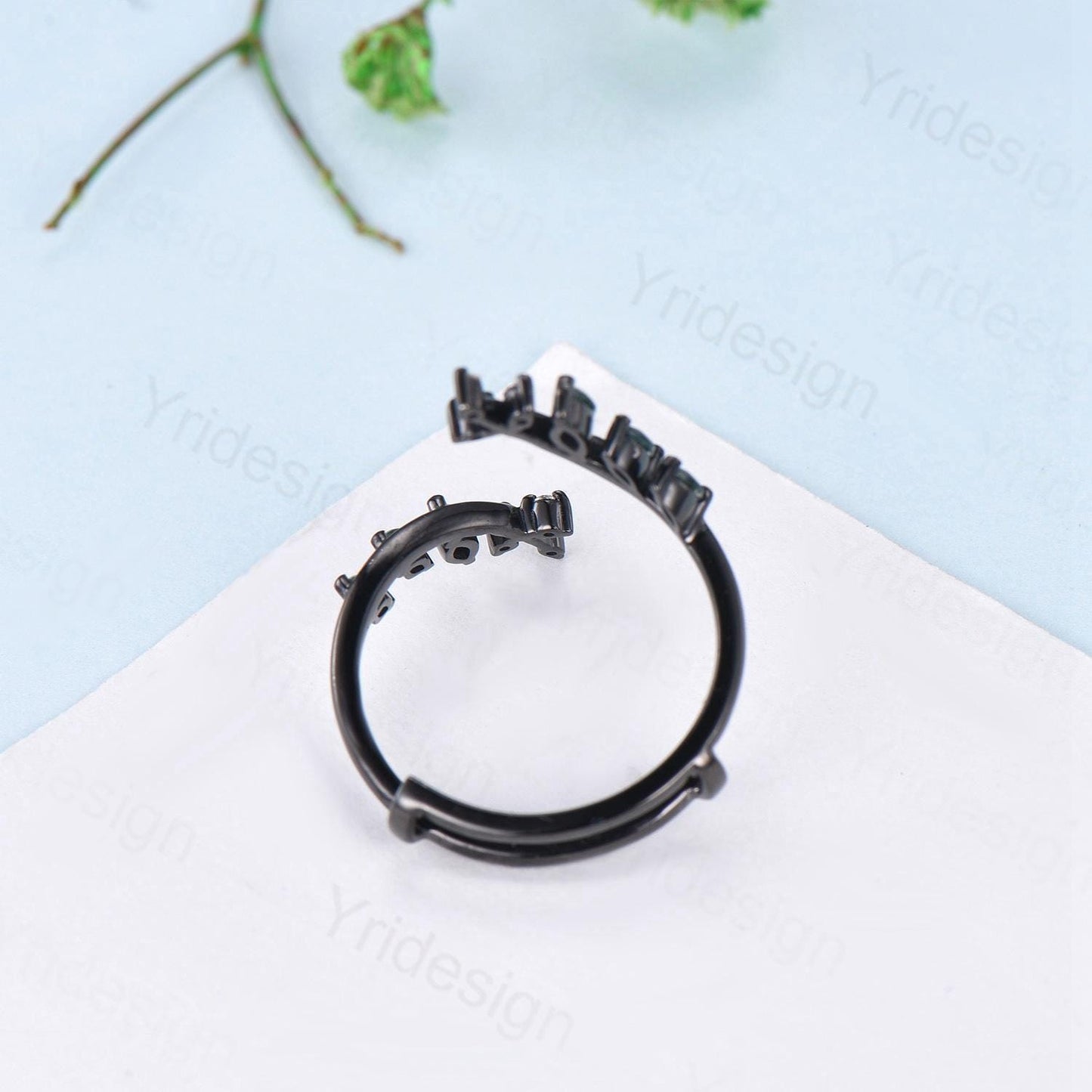 Gothic Black Gold Moss Agate Wedding Bands Women Nature Inspired Marquise Cut Green Agate Unique Double Enhance Matching Stacking Band Women