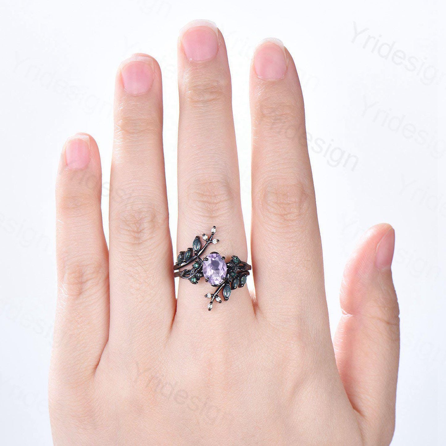 Nature Inspired Lavender Amethyst Engagement ring set black gold unique leaf vine marquise moss agate ring gothic 2pcs bridal wedding set