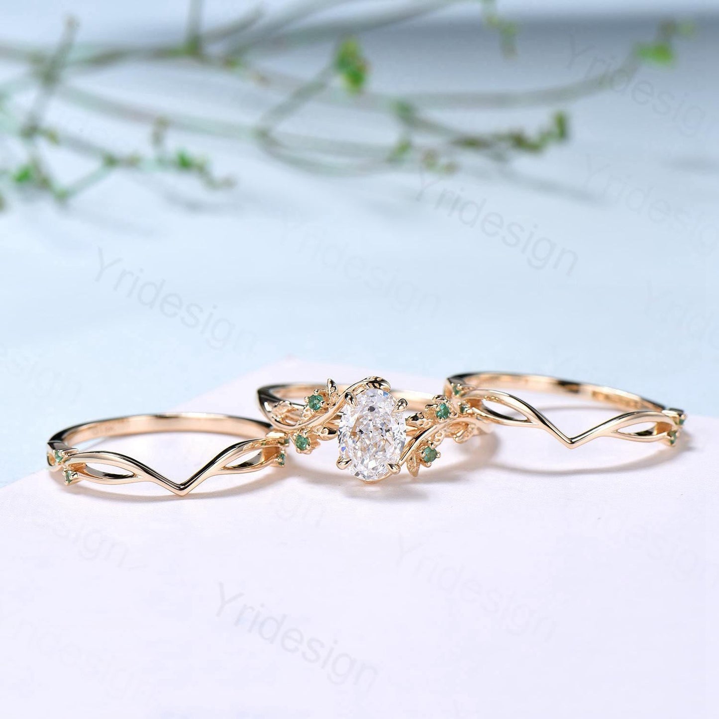 Natural Inspired Lab Grown Diamond Engagement Ring Set Certificate 1.5CT Oval Lab Diamond Emerald Wedding Set Cluster Leaf Branch Bridal Set