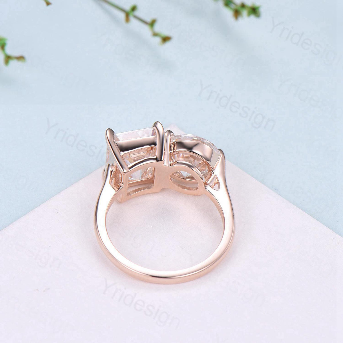 Minimalist Two stone engagement ring 14k rose gold emerald cut citrine and round peridot wedding ring Plain Band anniversary bridal gifts