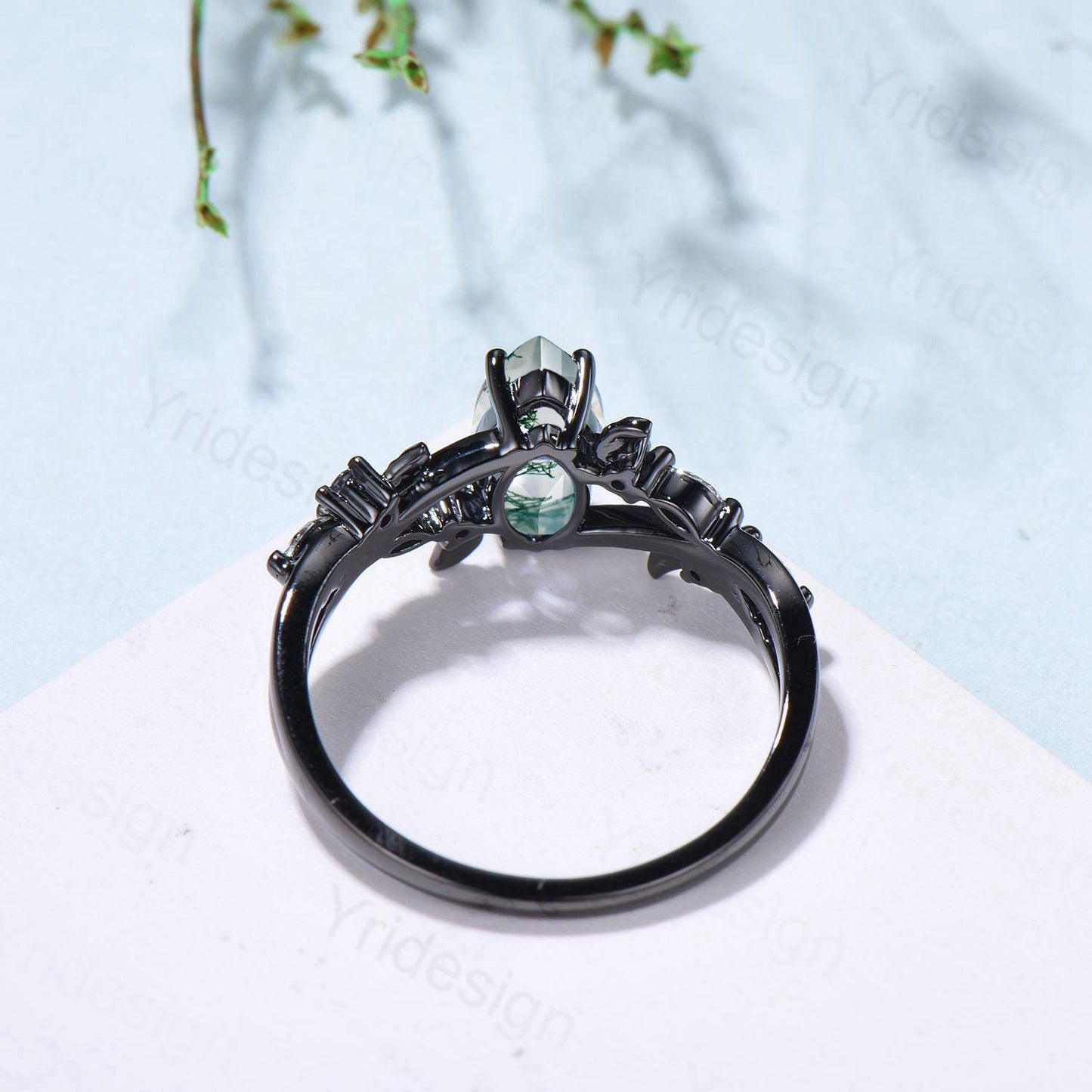 Unique Black Gold Moss Agate Ring Natural Inspired Gothic Marquise Cut Engagement Ring Branch Cluster Emerald Split Shank Wedding Ring Women