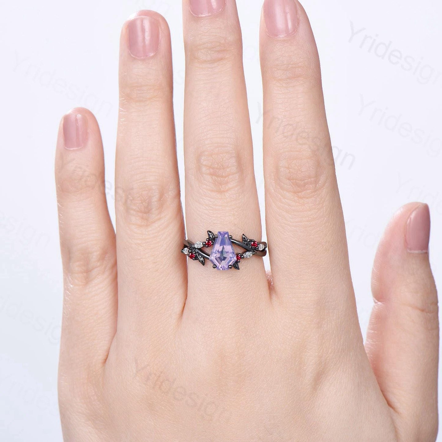 Unique Lavender Amethyst Engagement Ring, Black Gold Gothic Ring, Cluster Moonstone Wedding Ring, Split Shank Coffin Ring Anniversary Gift