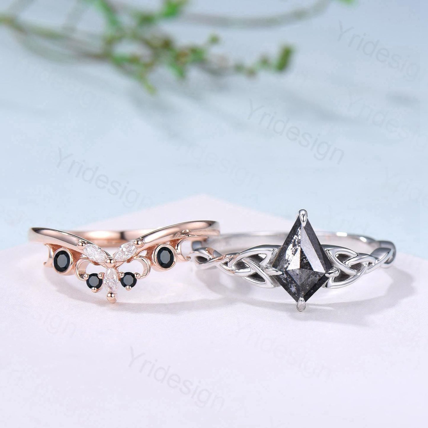 Norse Viking Kite cut salt pepper diamond engagement ring celtic knot pepper diamond bridal set unique black spinel staking band wedding set