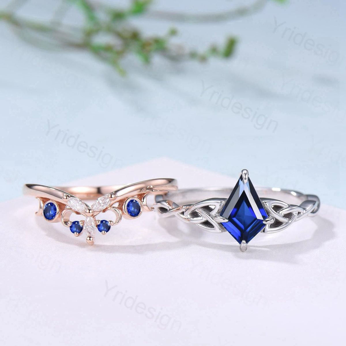 Norse Viking Kite Cut Blue Sapphire Engagement Ring Set Unique Celtic Love Knot Sep Birthstone Butterfly Wedding Band Twist Bridal Set Women