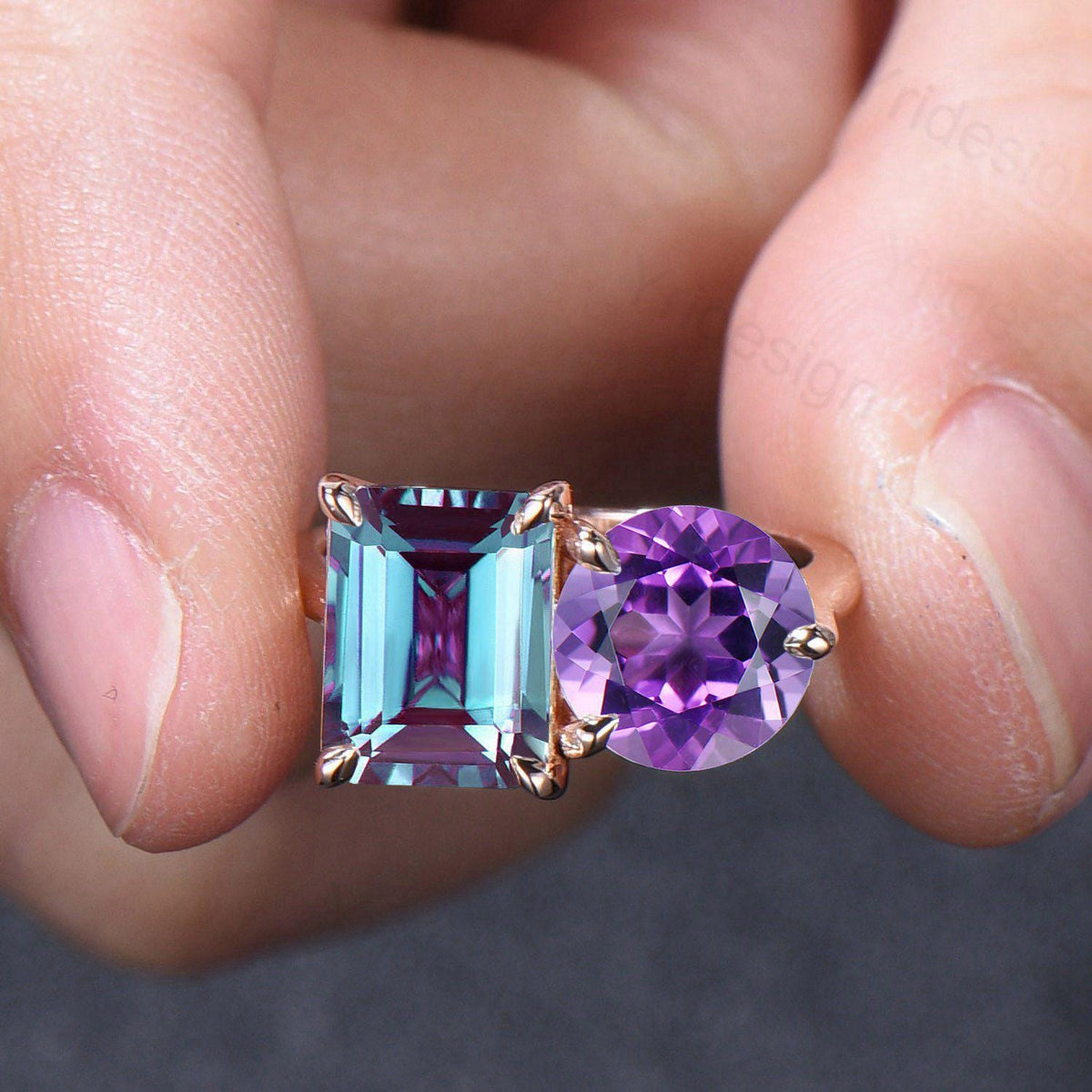 Minimalist Two stone emerald cut alexandrite engagement ring 14k rose gold round Amethyst wedding ring Plain Band anniversary bridal gifts