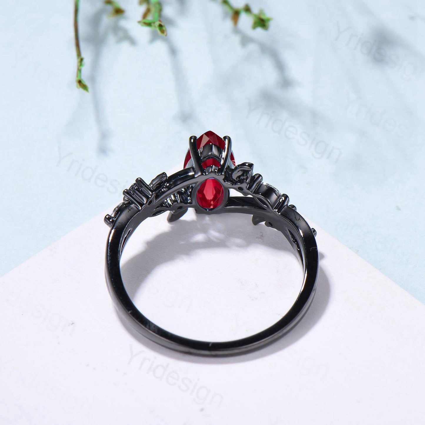 Unique Black Gold Ruby Ring Natural Inspired Gothic Marquise Cut Ruby Engagement Ring Leaves Cluster Moissanite Split Shank Wedding Ring