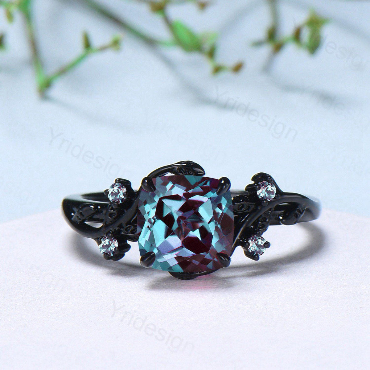 Nature inspired cushion cut alexandrite wedding ring set black gold unique gothic alexandrite engagement ring evil eye bridal set for women