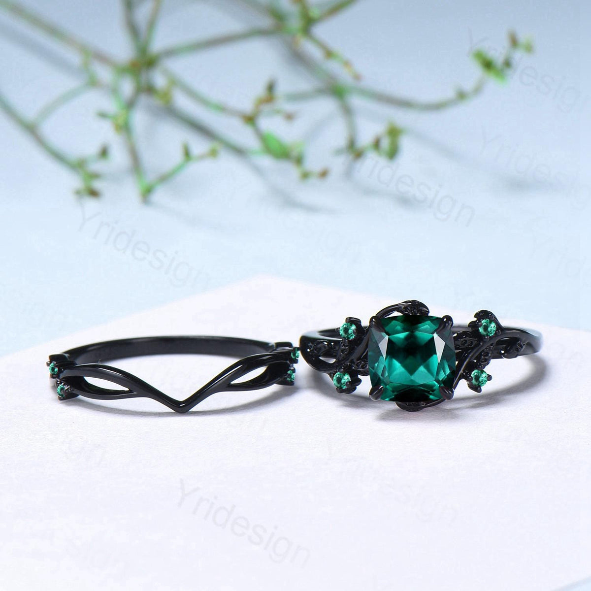 Unique gothic cushion cut emerald wedding ring set black gold natural inspired May birthstone engagement ring for women emerald bridal set