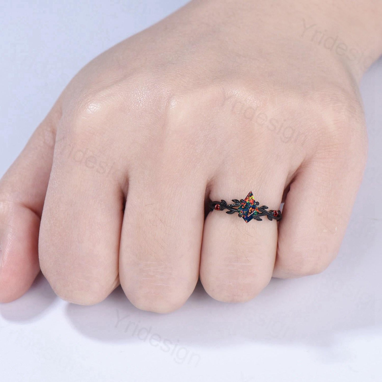 Black Gold Fire Opal Promise Ring Leaf Branch Black Opal Gothic Engagement Ring Nature Inspired Garnet Wedding Ring Twig Anniversary Gifts
