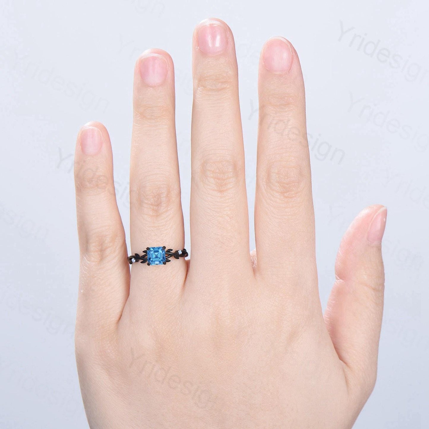 Elegant Asscher Swiss Topaz Ring Unique Black Gold Cluster Moonstone Gothic Engagement Ring Leaf Vine Wedding Ring Anniversary Proposal Gift