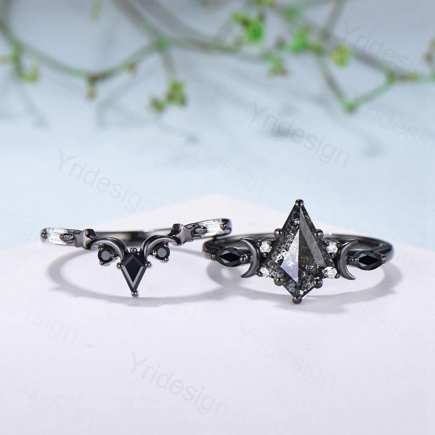 Unique kite cut salt and pepper diamond engagement ring set black gold moon and star bridal wedding set handmade anniversary promise gifts
