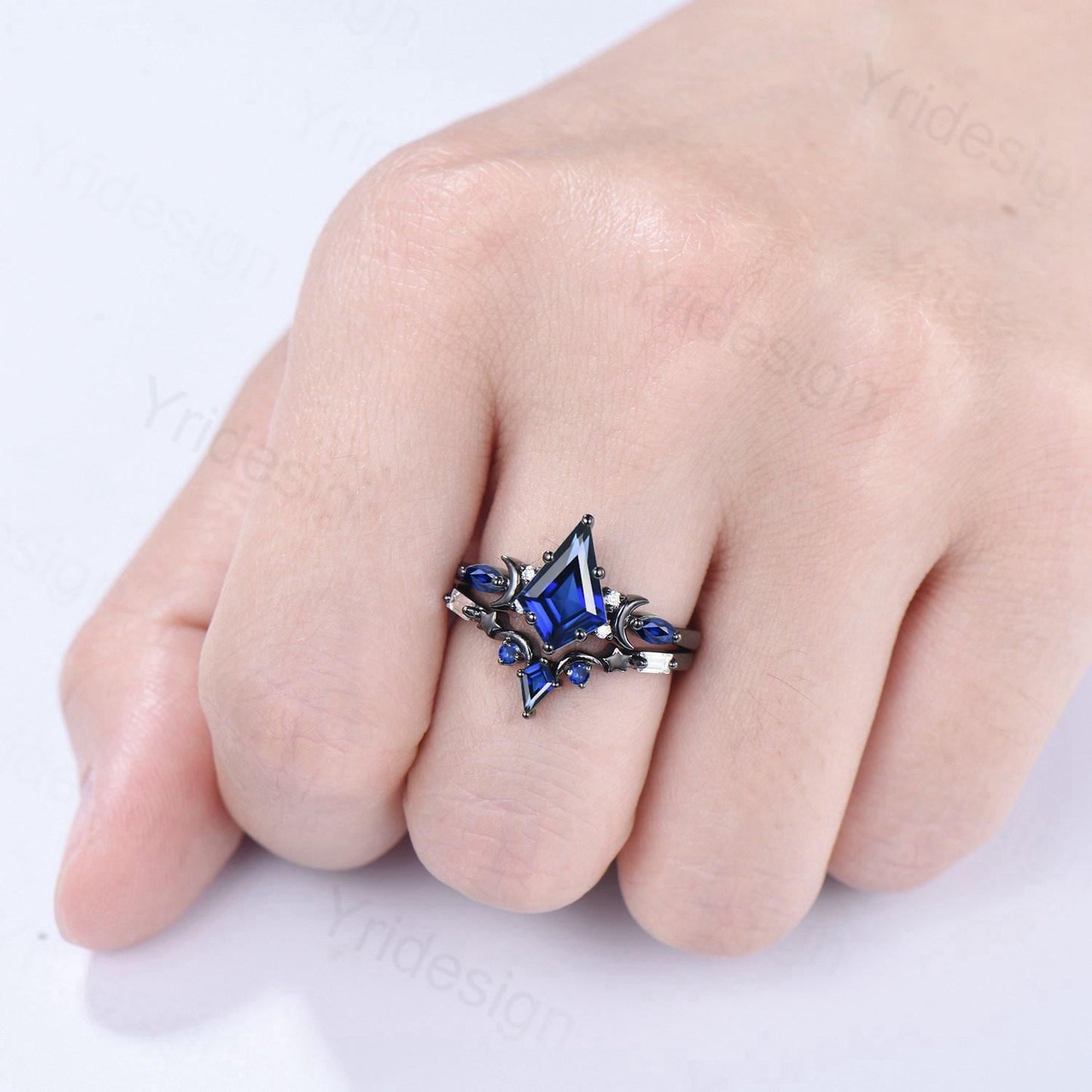 Unique black gold blue sapphire engagement ring set moon star kite cut sapphire wedding ring set elegant gothic anniversary bridal set women