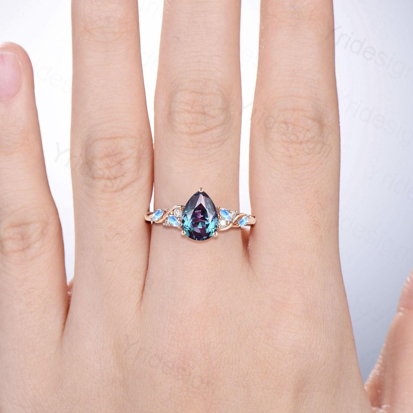 Vintage Pear shaped alexandrite engagement ring cluster marquise moonstone wedding ring June birthstone anniversary jewelry gifts for her