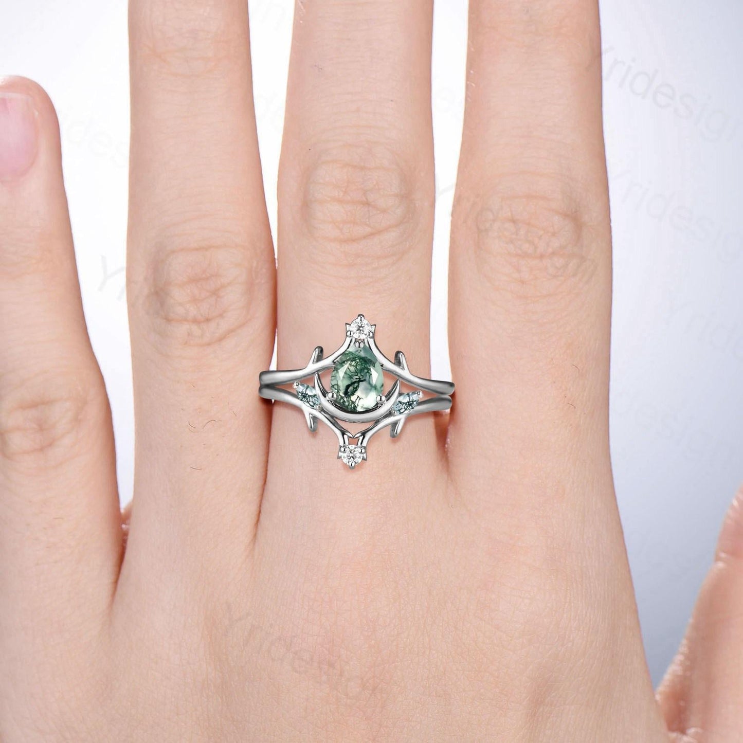 Unique Pear Shaped Natural Moss Agate Engagement Ring Set Crescent Moon inspired Wedding Set Branch Stacking Band Art Deco 2pcs Bridal Set