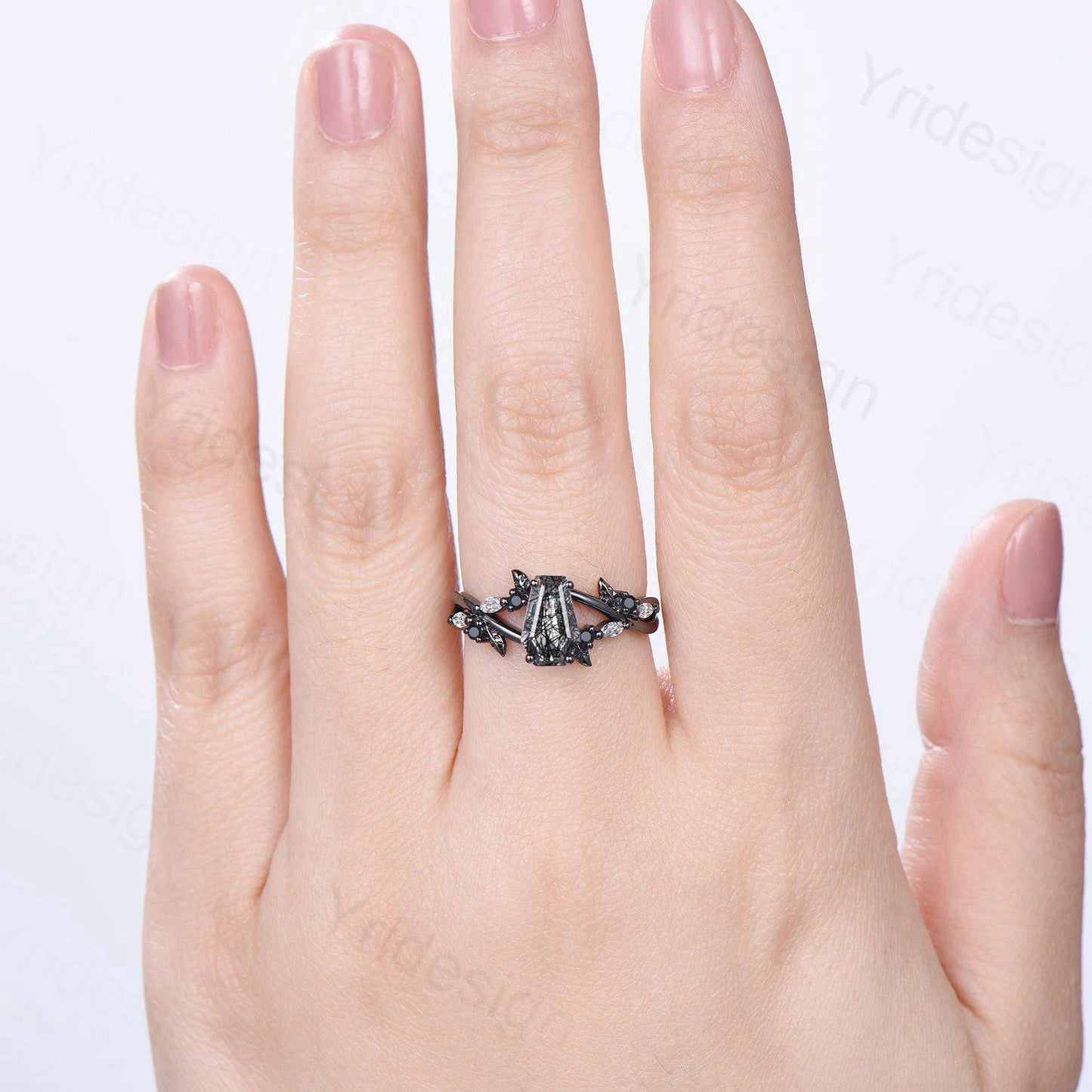 Art Deco Coffin Shape Black Rutilated Quartz Ring Black Gold Shield Shape Gothic Engagement Ring Handmade Anniversary Proposal Gifts Women