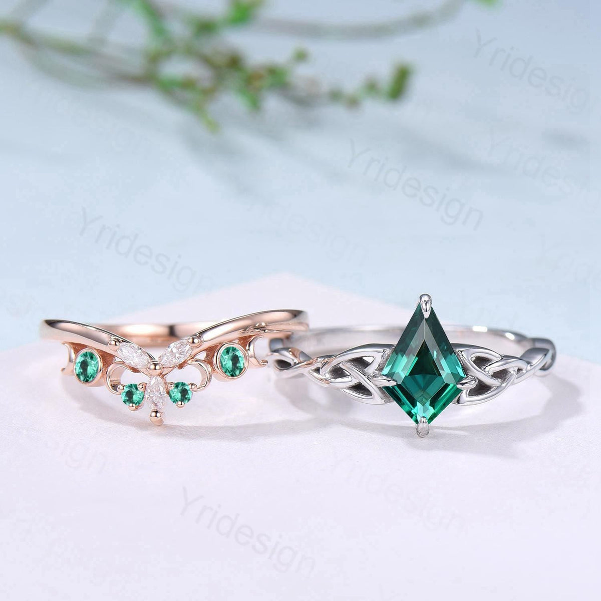 Norse Viking Kite Cut Emerald Engagement Ring Set Unique Celtic Love Knot May Birthstone Butterfly Wedding Ring Set Vintage Twist Bridal Set