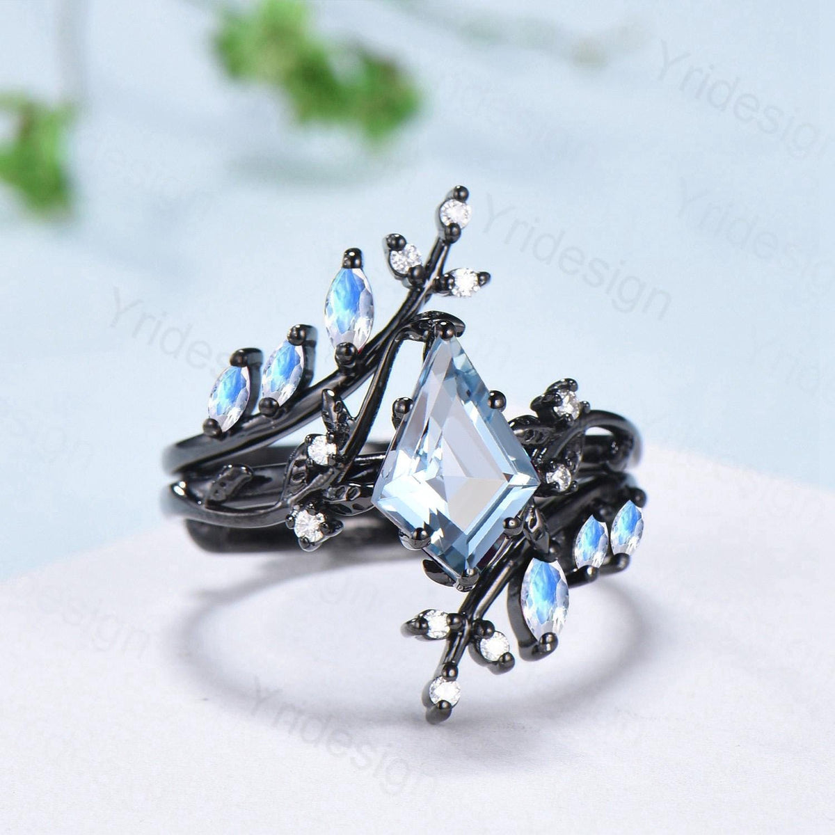 Gothic Aquamarine ring set Unique 7x10mm kite cut aquamarine engagement ring set black gold marquise moonstone nature inspired wedding set