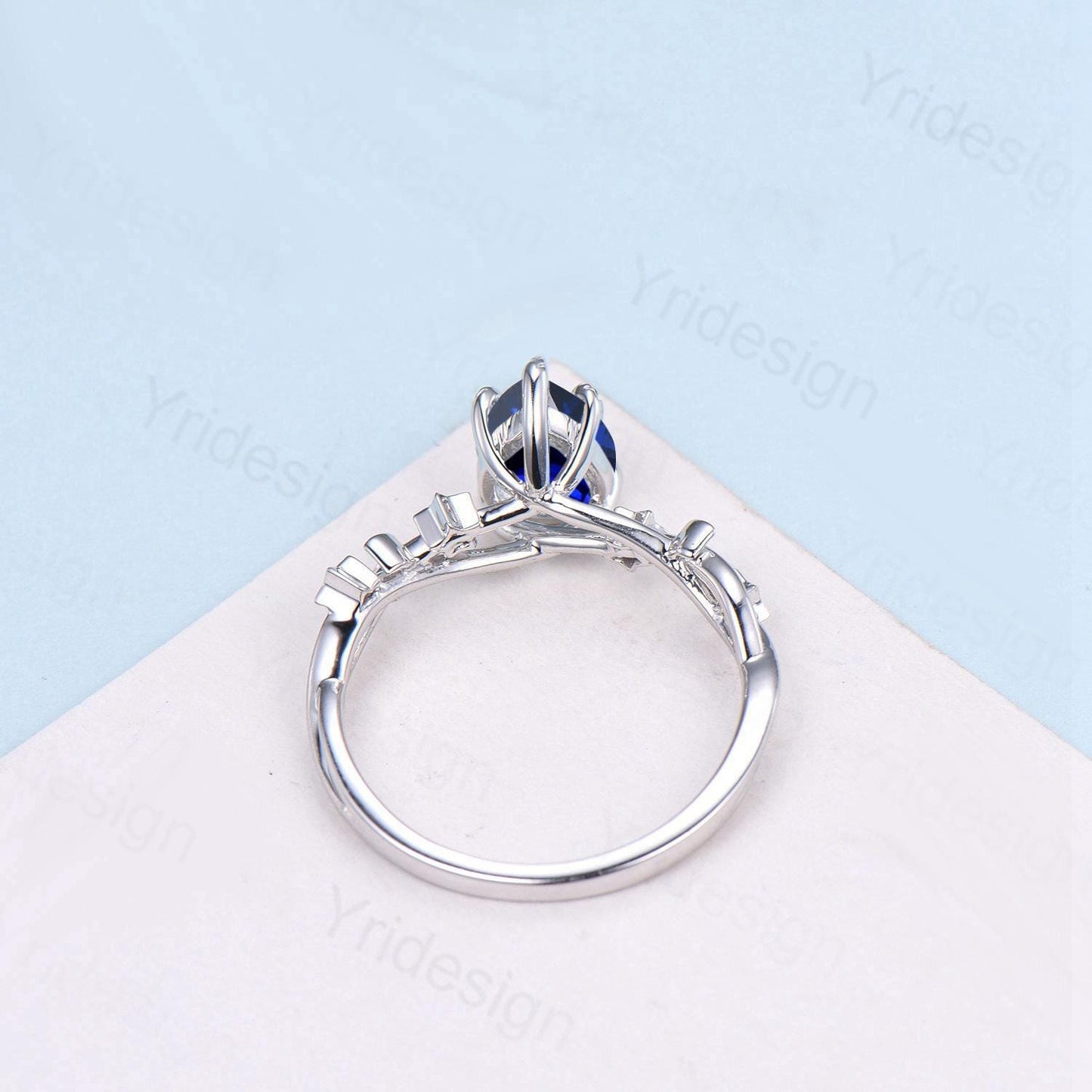 Vintage Blue Sapphire Engagement Ring Pear Shaped 14K White Gold Moon Star Opal Wedding Ring Sep Birthstone September Promise Ring For Women
