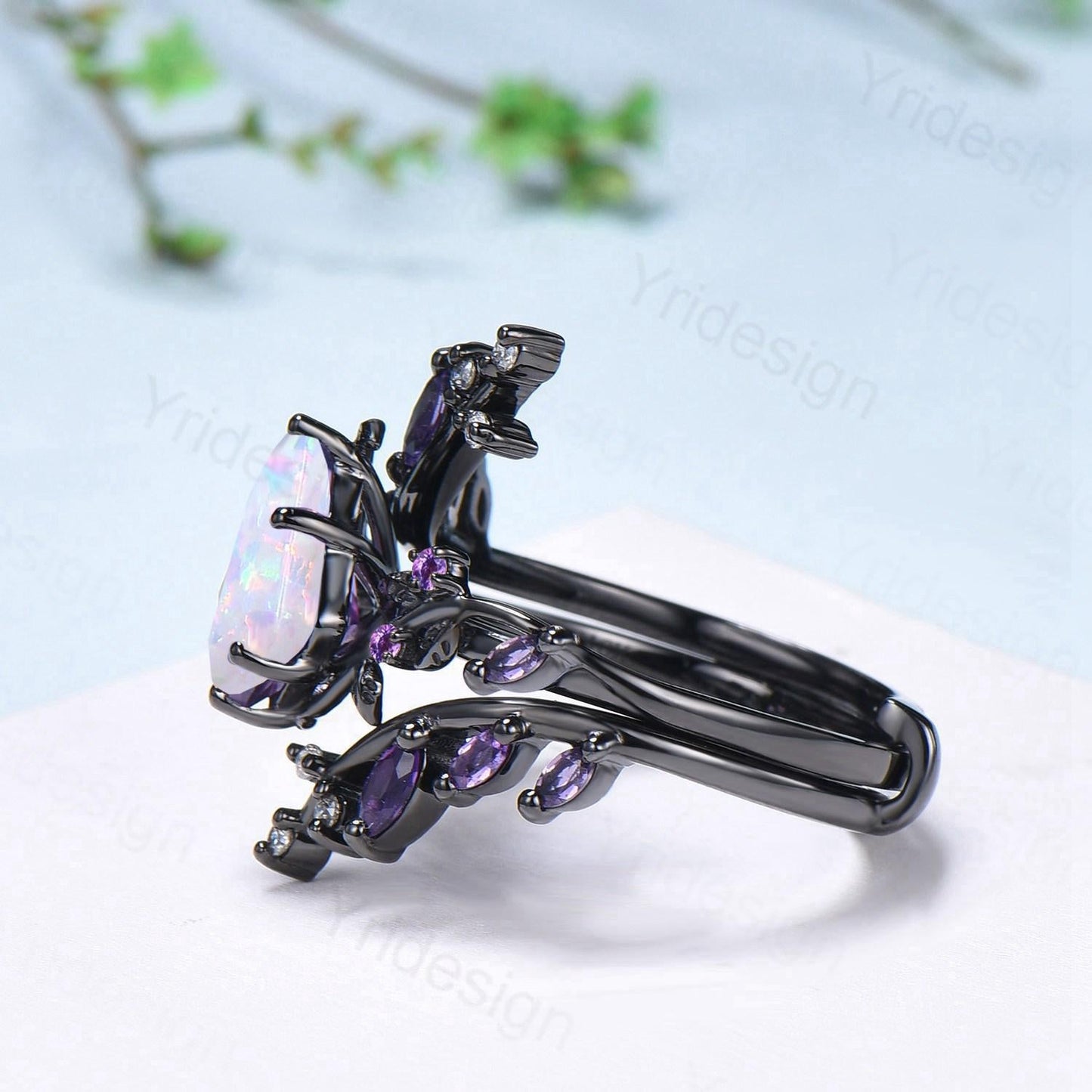 Unique Cage Leafy White Opal Wedding Ring Set Nature Inspired Kite Fire Opal Engagement Ring Black Gold Knight Bridal Set Anniversary Gift