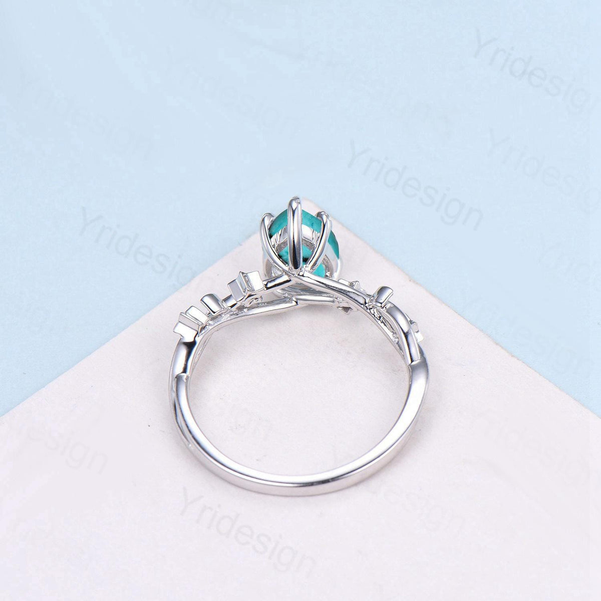 Art Deco Pear Shaped Turquoise Engagement Ring 14K White Gold Moon Star Peridot Wedding Ring Vintage Split Shank Anniversary Ring For Women