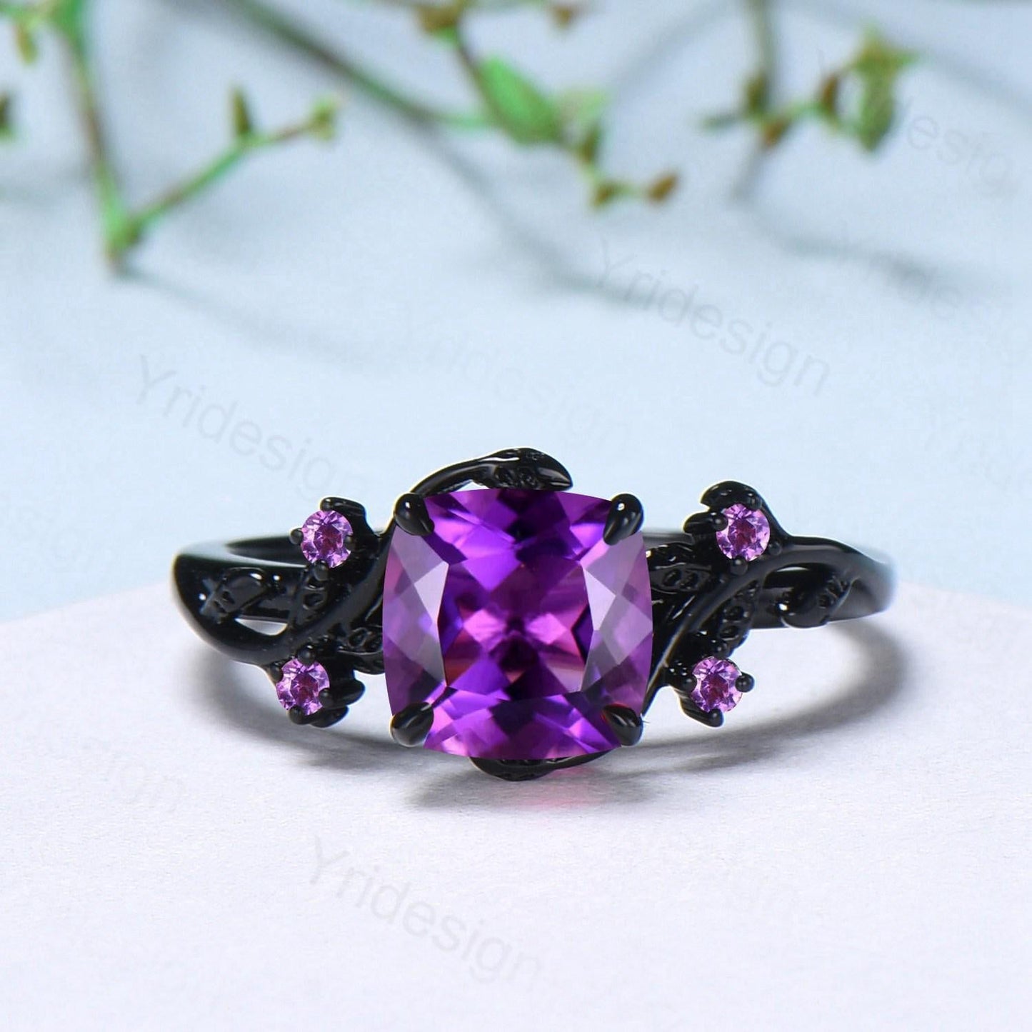 Unique gothic cushion cut amethyst wedding ring set black gold bridal set natural inspired February birthstone engagement ring for daughter