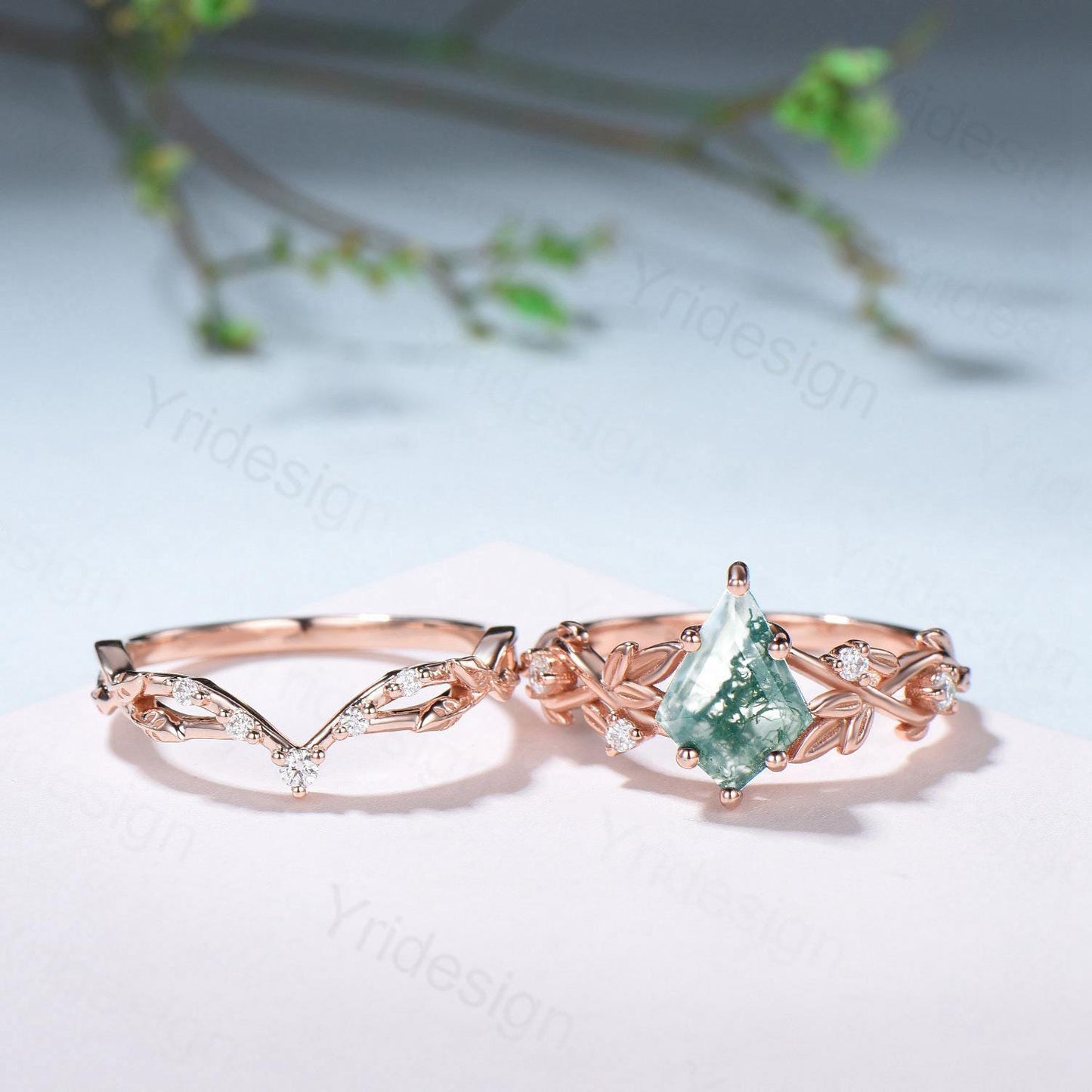 1.5 Carat Kite Cut Natural Moss Agate Engagement Ring Set Leaf Vine Green Agate Diamond Wedding Set Nature Inspired Anniversary Ring Women