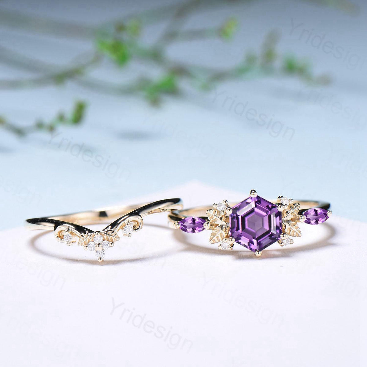 Vintage hexagon cut amethyst engagement ring set 14k yellow gold Nature inspired leaf vine Feb birthstone wedding ring set Anniversary Gifts