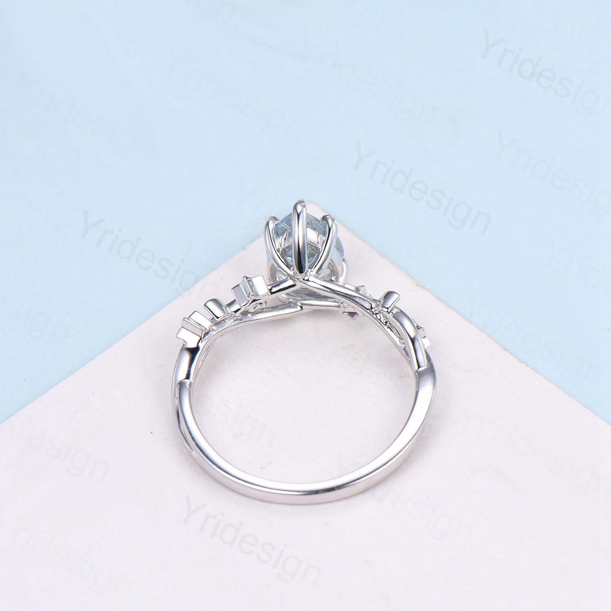 Vintage Natural Aquamarine Engagement Ring Pear Shaped 14K White Gold Moon Star Wedding Ring March Birthstone Moonstone Promise Ring Women