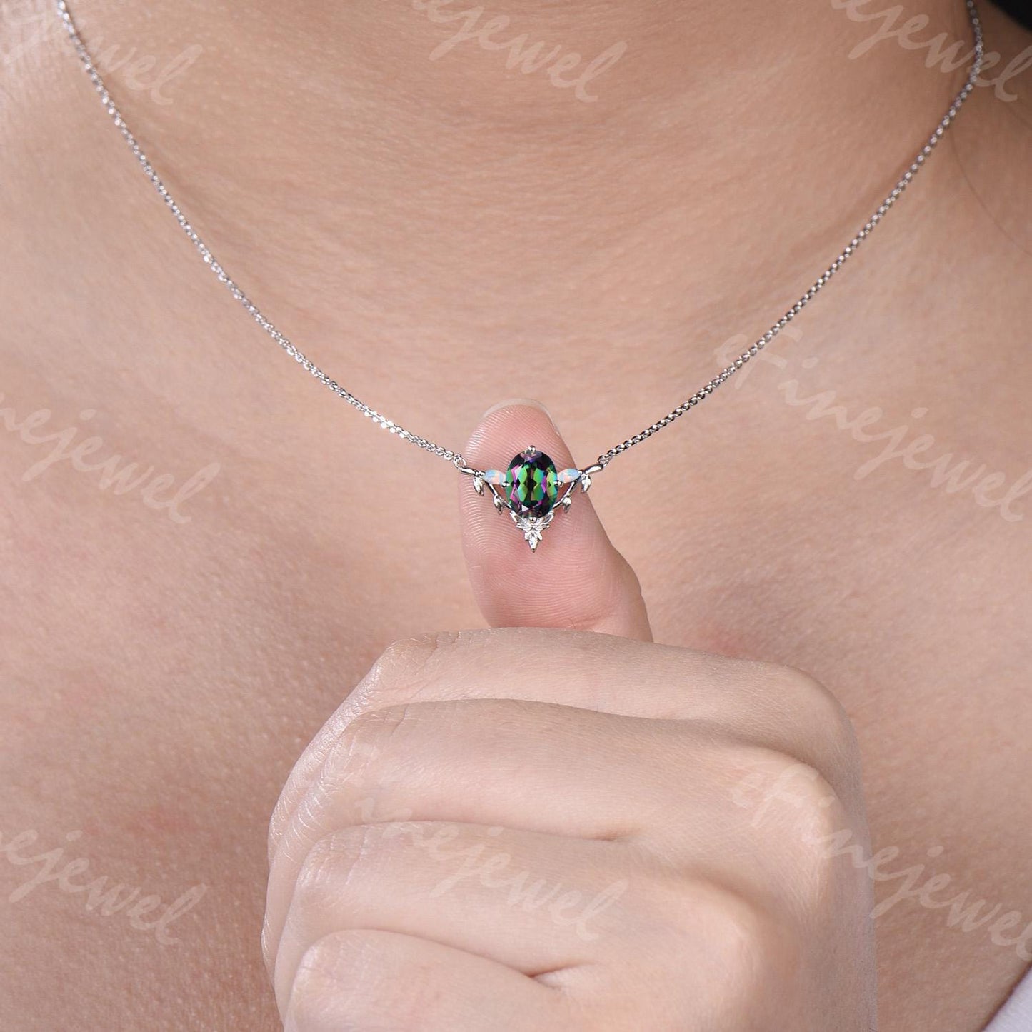 Mystic Topaz Necklace, Opal Leaf Vine Pendant, Handmade Wedding Jewelry