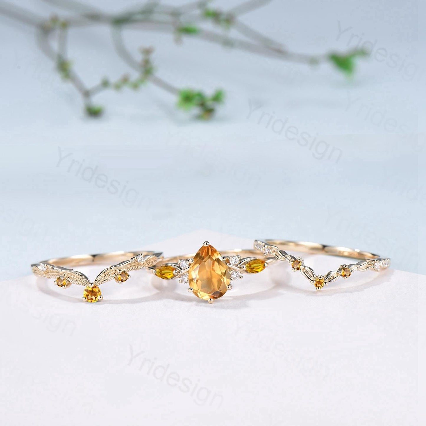 Vintage Citrine engagement ring set November birthstone wedding ring set Unique Yellow Gold Bridal set Curved Anniversary Promise ring gifts