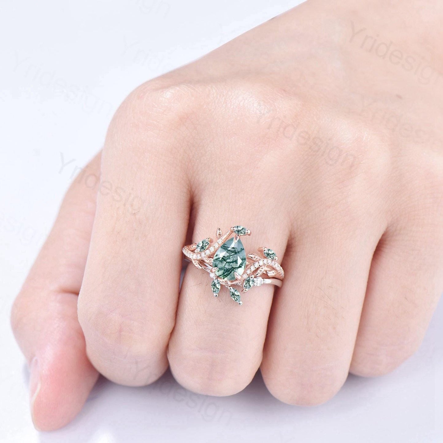 Vintage Pear Shaped Moss Agate Engagement Ring Set Nature Inspired Snake Eternity Wedding Set Agate Diamond Bridal Ring Set Twig Branch Ring