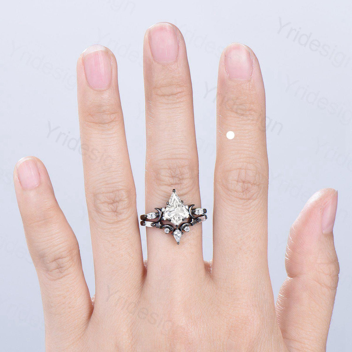 Gothic Kite Cut Lab Grown Diamond Engagement Ring Set Black Gold Celestial Moon Star Bridal Set