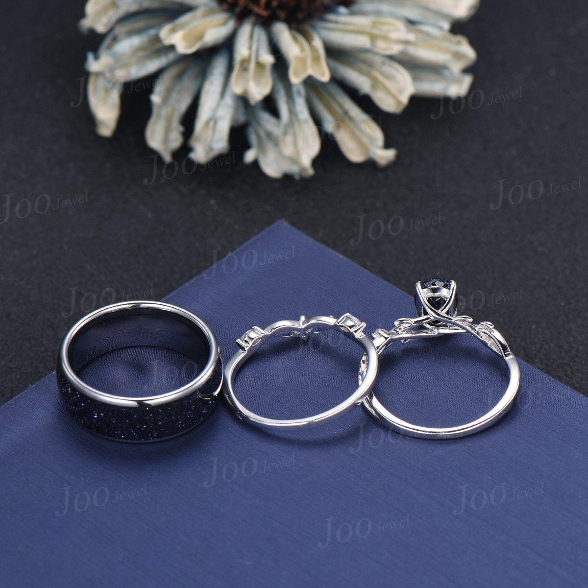 Orion Nebula Ring Set, Matching Promise Rings for Couple ,Oval Blue Sandstone Couple Rings Set, Anniversary Gift, Black Tungsten, 925 Silver