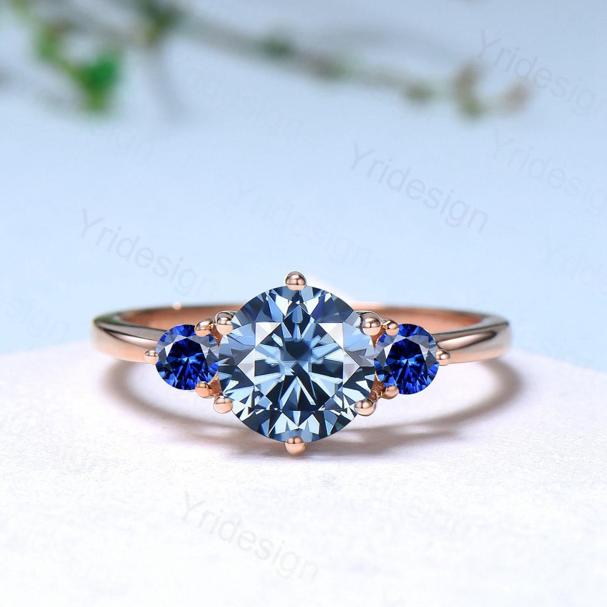 Three stone blue moissanite engagement ring set sapphire crown wedding set vintage rose gold bridal set couple anniversary promise ring gift
