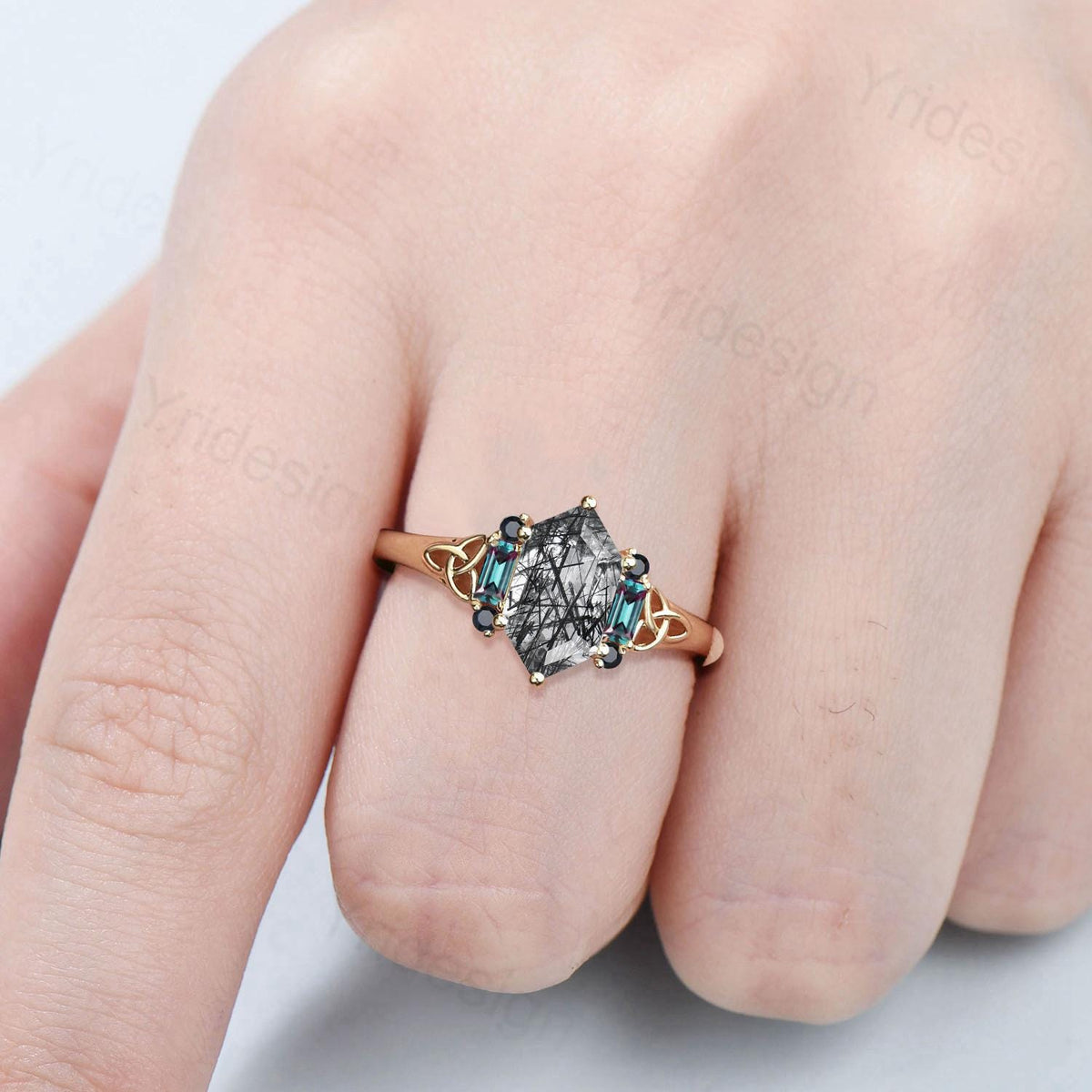 Unique Long Hexagon Cut Black Rutilated Quartz Ring Engagement Ring Norse Viking Cluster Baguette Alexandrite Wedding Ring Anniversary gifts