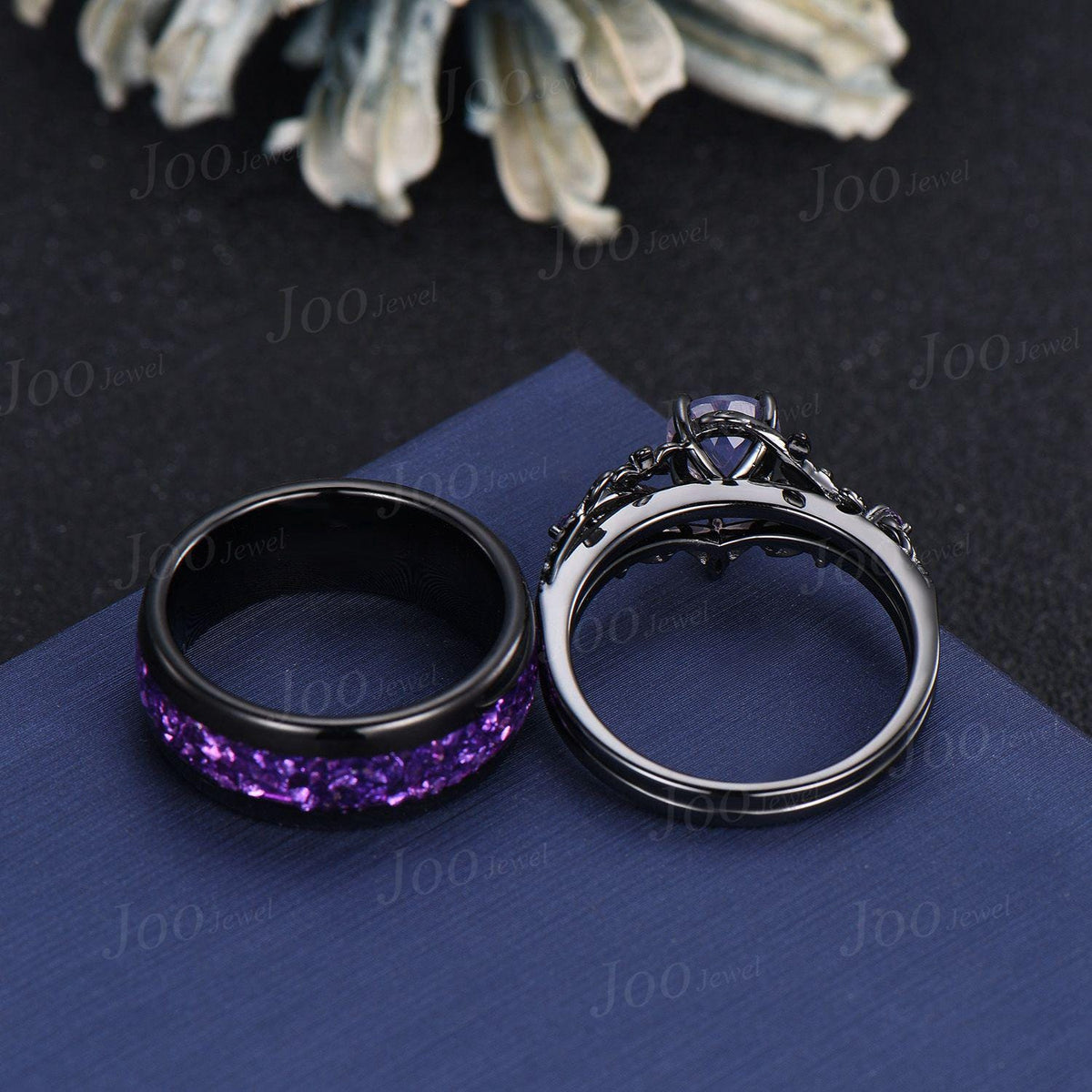Vintage 1ct Round Cut Natural Lavender Amethyst Couples Ring Set Black Wedding Ring Set Amethyst Matching Ring Set His and Hers Wedding Band