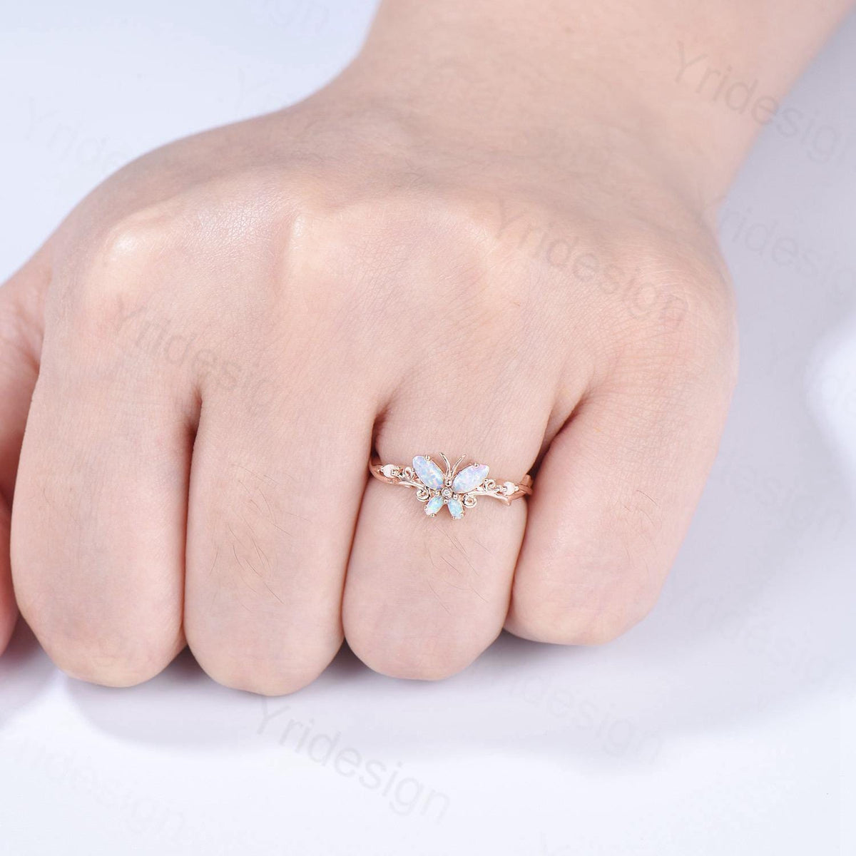 Dainty Butterfly fire opal wedding ring vintage marquise white opal engagement ring silver 14k rose gold custom anniversary gift for women