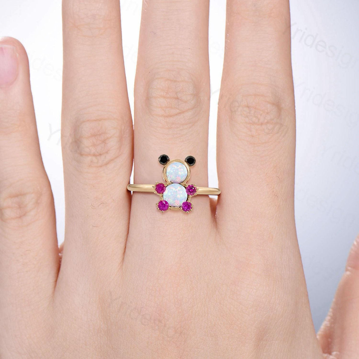 Unique Teddy Bear Jewelry white opal engagement ring and opal necklace cluster ruby animal inspired unique delicate bridal ring set gift