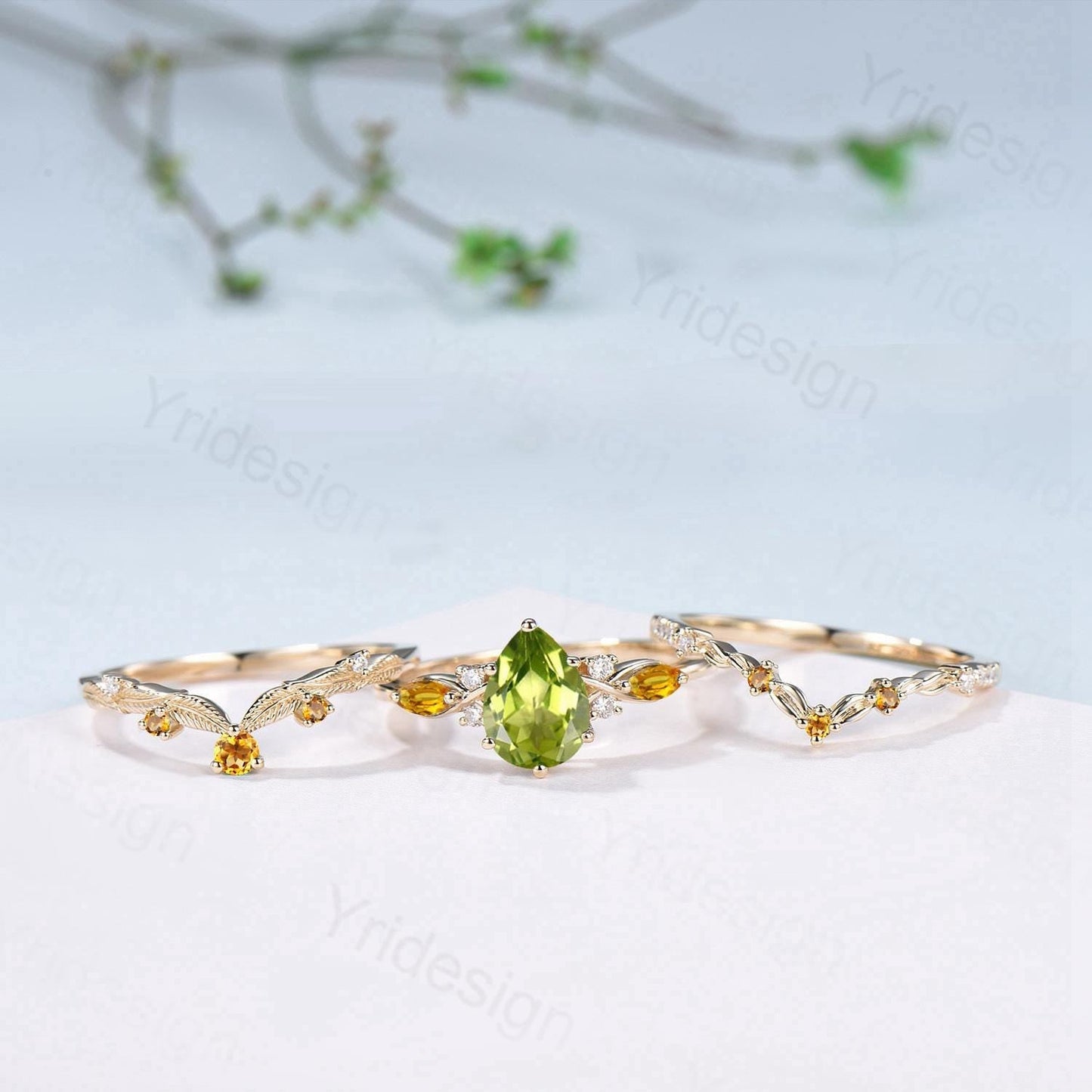 Vintage Peridot engagement ring set August birthstone wedding ring set Unique Citrine Bridal set Curved Anniversary Promise ring gifts women