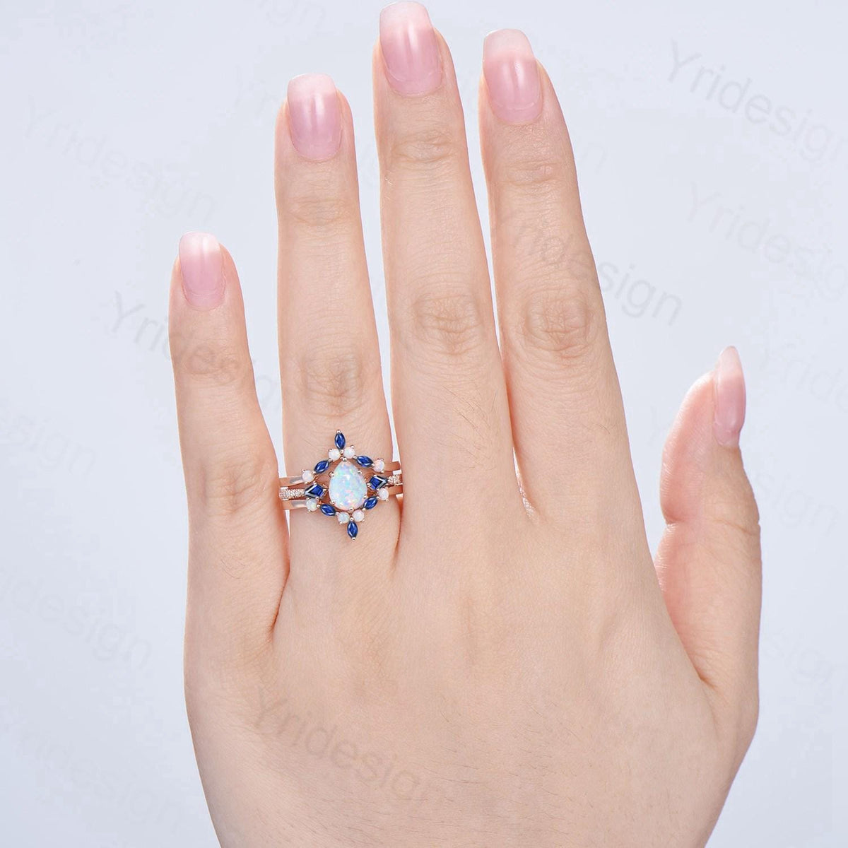 Vintage Teardrop White Opal Engagement Ring Set Kite Sapphire Opal Wedding Set Marquise Cut Stacking Band Unique 3Pcs Rose Gold Bridal Sets