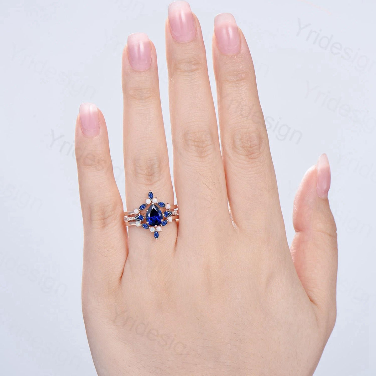 1.25 Carat Pear Shaped Blue Sapphire Engagement Ring Set Opal Retro Sapphire Wedding Set Unique Rose Gold September Birthstone Bridal Sets