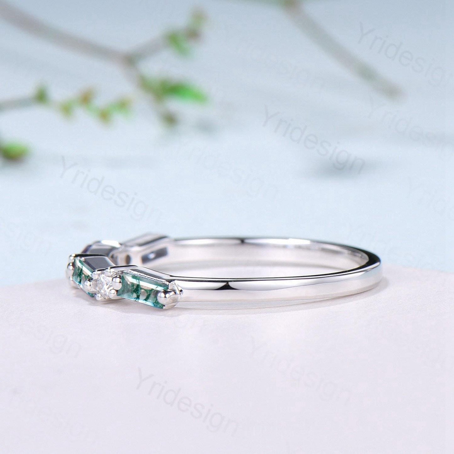 Vintage Baguette Cut Moss Agate Wedding Band Women Unique Natural Agate Stackable Ring Half Eternity Matching Band Promise Anniversary Gift