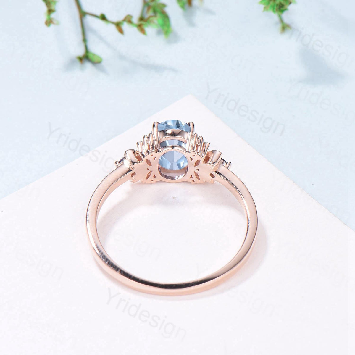 Unique Natural Oval Aquamarine Engagement Ring Cluster Sapphire Moonstone Moon Wedding Ring Floral 14K Rose Gold Anniversary Proposal Gift